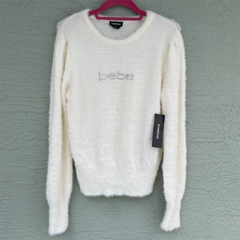Bebe Women's Ivory Fuzzy Knit Pullover Sweater L Winter Gemstone Logo